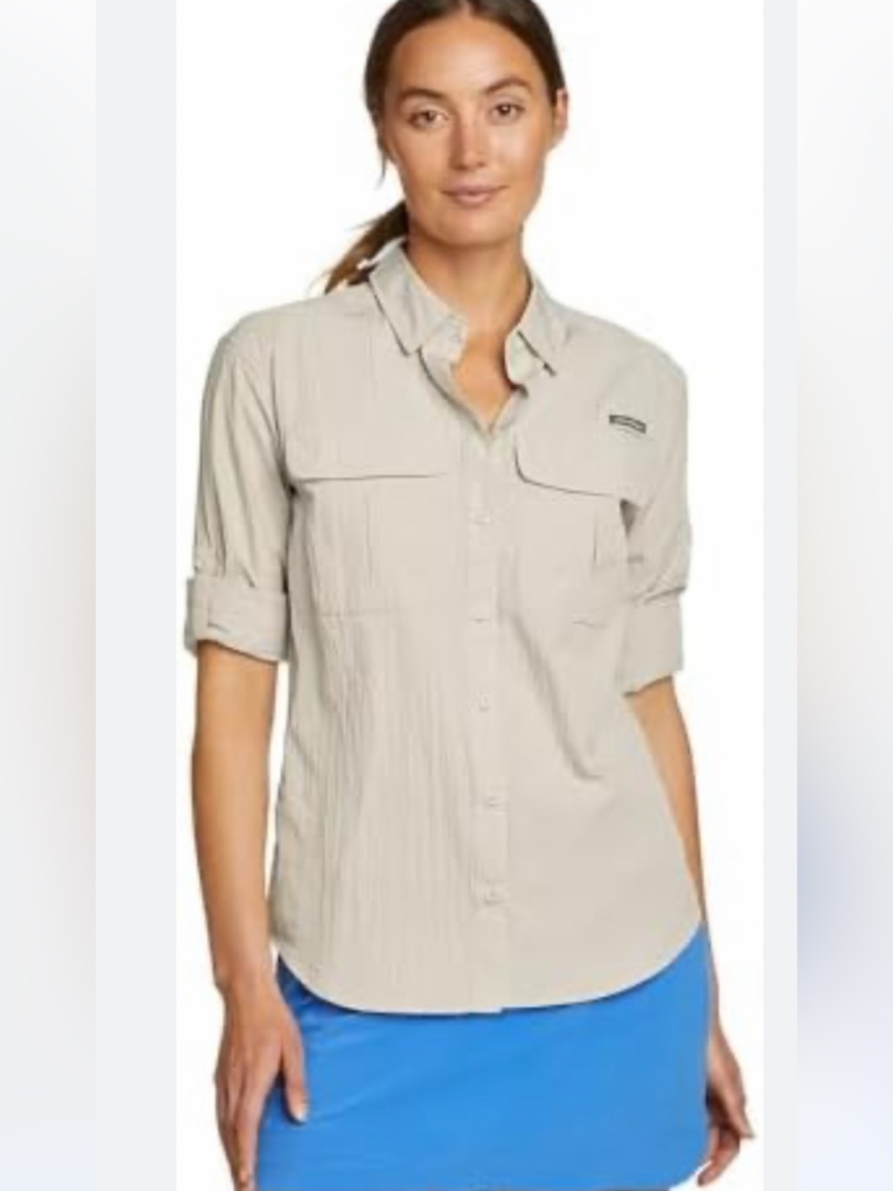 Eddie Bauer Guide UPF 50 Long Sleeve Light Taupe Hiking Shirt Women’s Large